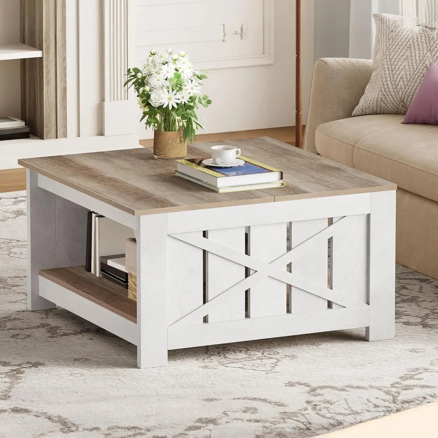 Square Coffee Table for Living Room with Storage - 2-Tier Wood Coffee Table Center Table , Grey Wash