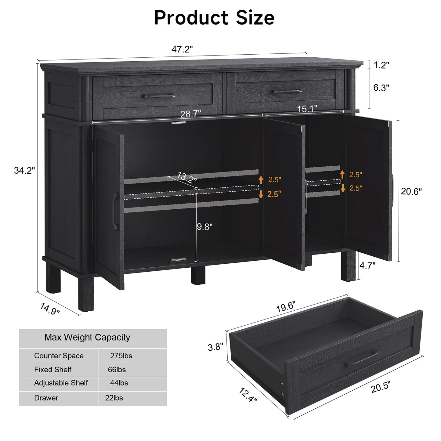 48" Storage Buffet Cabinet - 2 Drawers & Doors, Adjustable Shelve, Wooden Kitchen. Living Room & Hallway Cabinet