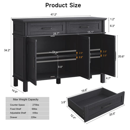 48" Storage Buffet Cabinet - 2 Drawers & Doors, Adjustable Shelve, Wooden Kitchen. Living Room & Hallway Cabinet