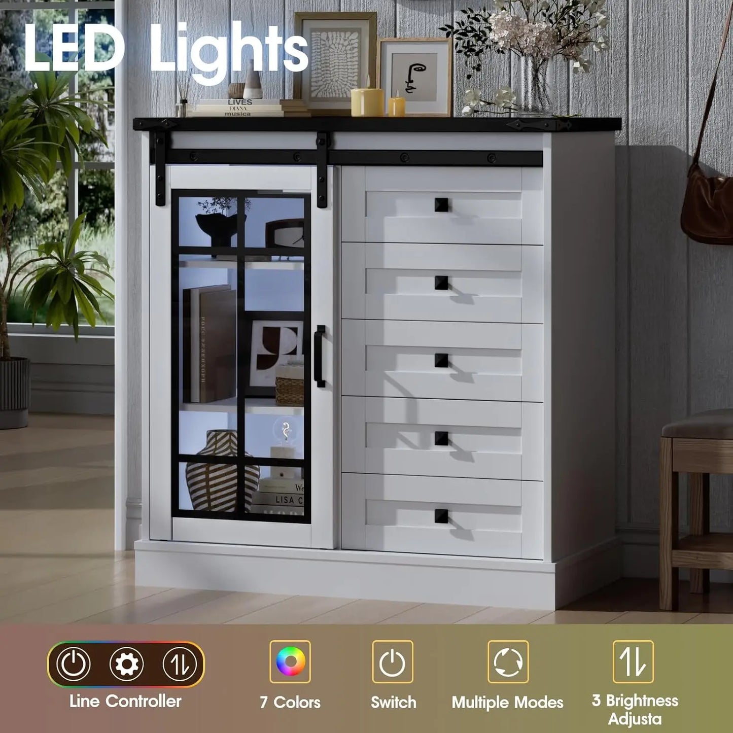 6 Drawer Dresser with Slide Glass Door Farmhouse Tall Chest of Drawers Storage Organizer Living Room, Bedroom Or Office
