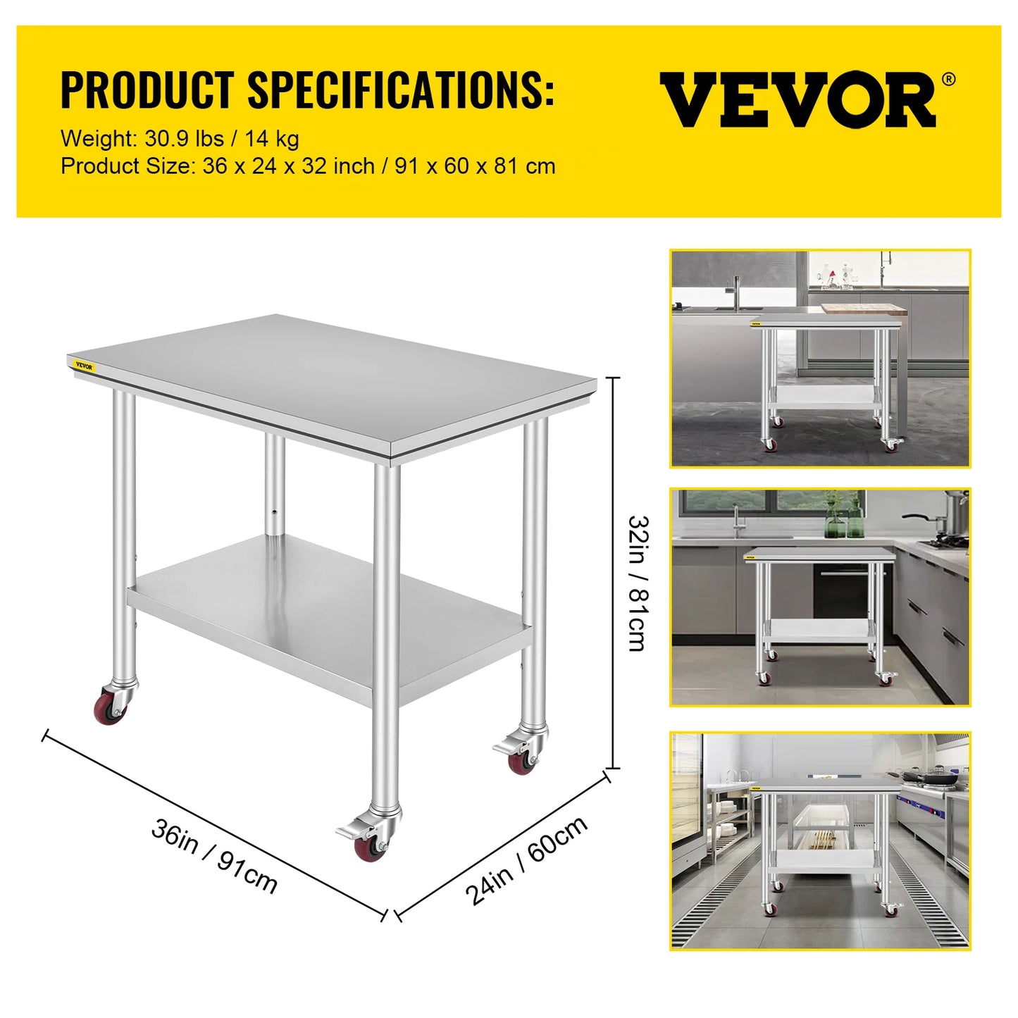 Stainless Steel Kitchen Work Space 2 Shelves, Moveable