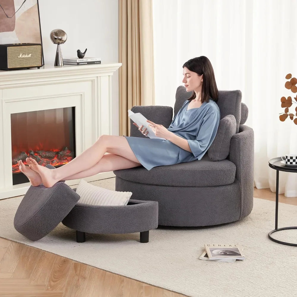 Swivel Accent Barrel Chair for Living Room - Oversized Swivel Round Chair with Storage - Chaise Lounge with Removable Pillows