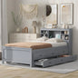 Full Platform Bed with Twin Size Trundle - Bookcase Headboard - Charging Station and 3 Drawers - Wood, Full Storage Bed Frame for Kids
