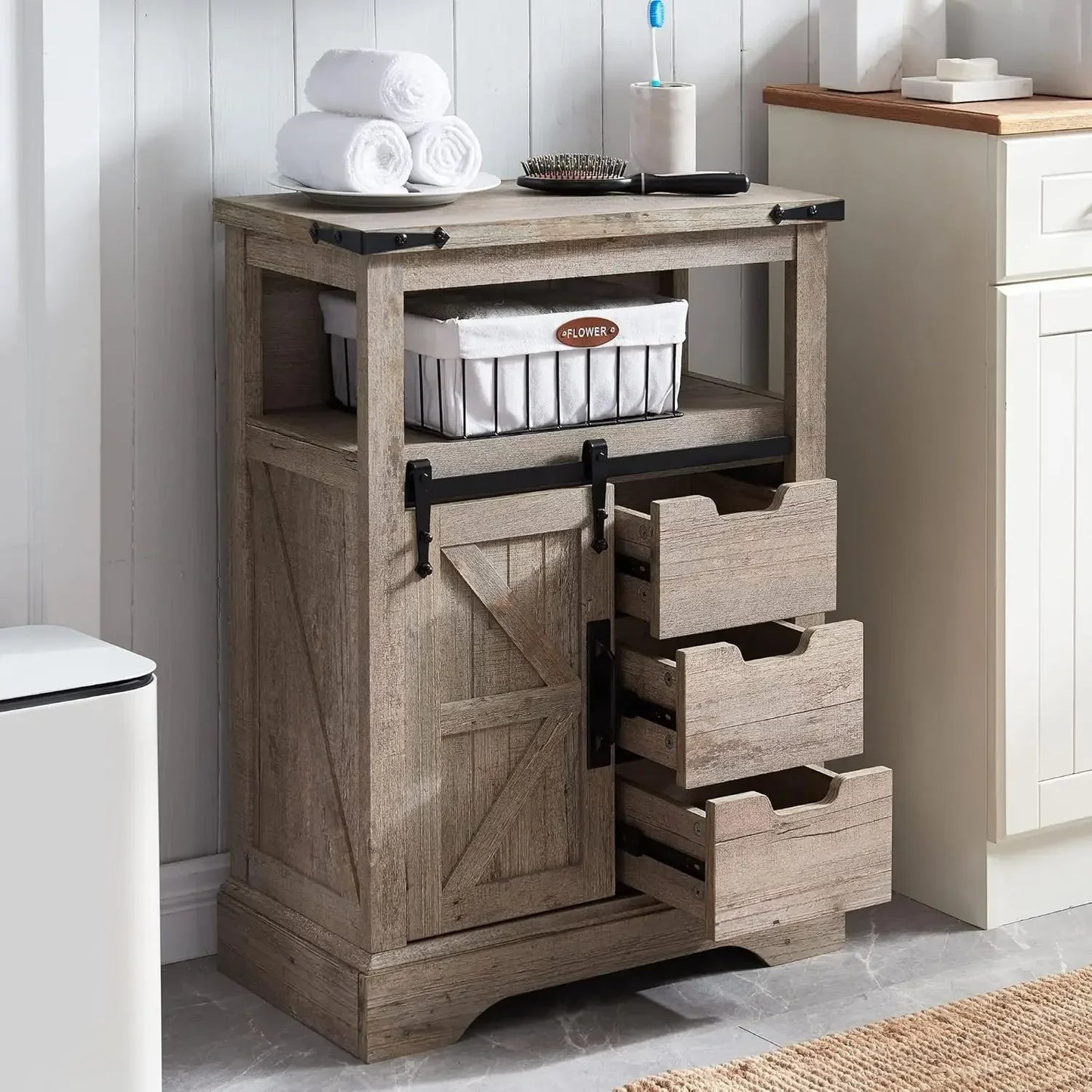 Bathroom Floor Cabinet - Storage Cabinet with Sliding Barn Door & Storage Drawers - Small Storage Cabinet for Office