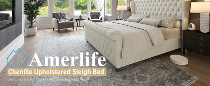 Queen Size Platform Bed Frame - Chenille Upholstered Sleigh Bed with Wingback Headboard - No Box Spring - Cream
