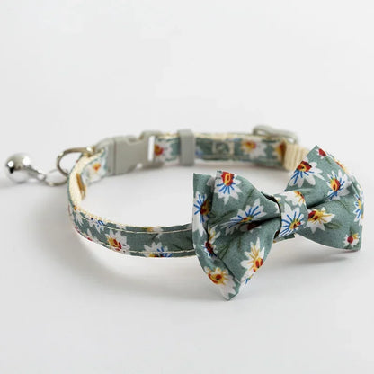 Floral Dog & Cat Bow Tie - Cotton - Break Away Clasp - Small Bell Attached