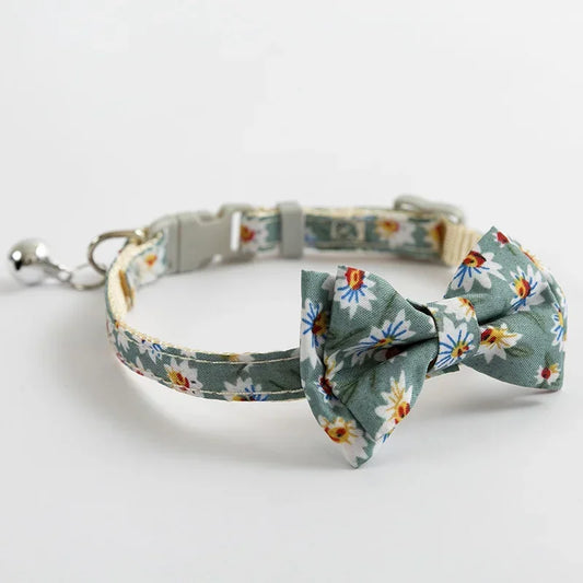 Floral Dog & Cat Bow Tie - Cotton - Break Away Clasp - Small Bell Attached