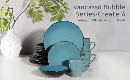 VANCASSO BUBBLE 16/32/48-Piece Tableware Set - Ceramic Blue/Brown Stoneware Set with Dinner. Dessert Plate, Bowl, Coffee Cups