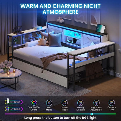 DICTAC Corner Twin XL Bed Frame with Storage Drawers -Charging Station and Led Lights - Daybed with Storage