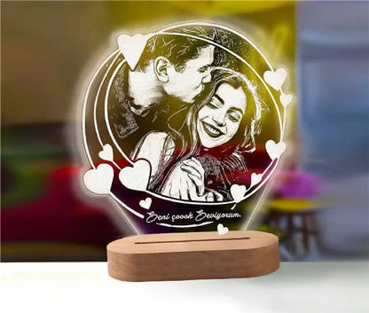 Custom Photo Night Light - Carved Wood Base - Personalized Text
