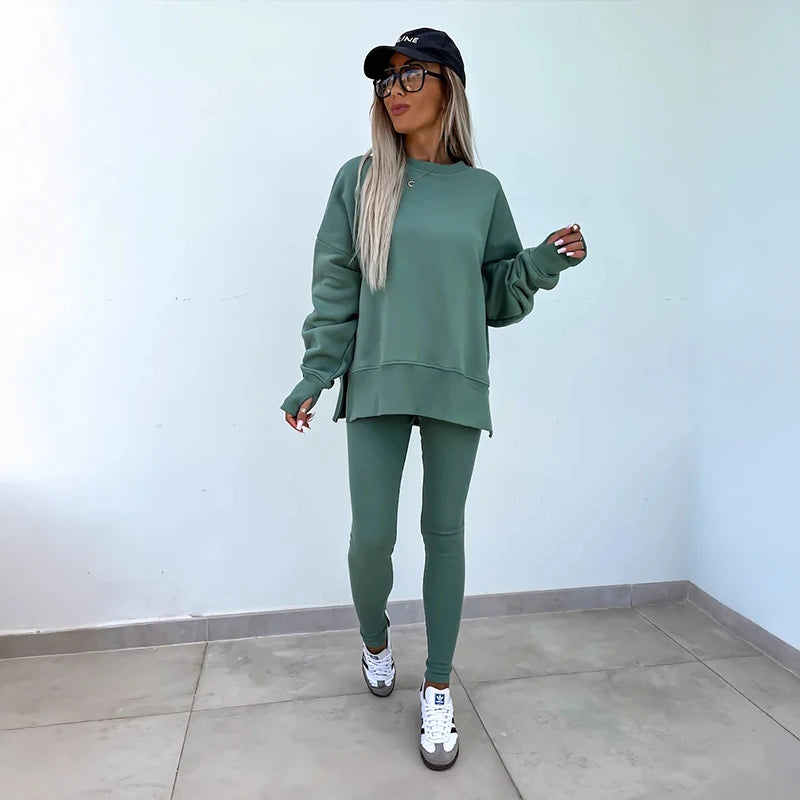 Women's Spring and Autumn Sports Hoodie - Long Sleeve - Solid Color Hoodie - Casual & Two Piece Set