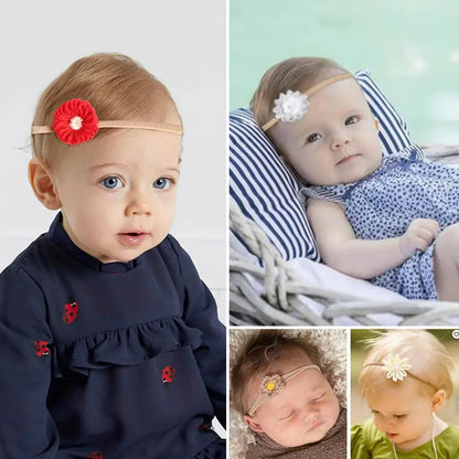 Baby Nylon Headband Bows - 10 Pieces - Handmade Tied Bow For Little Ones & Toddlers - Comfortable, Soft & Stretchy