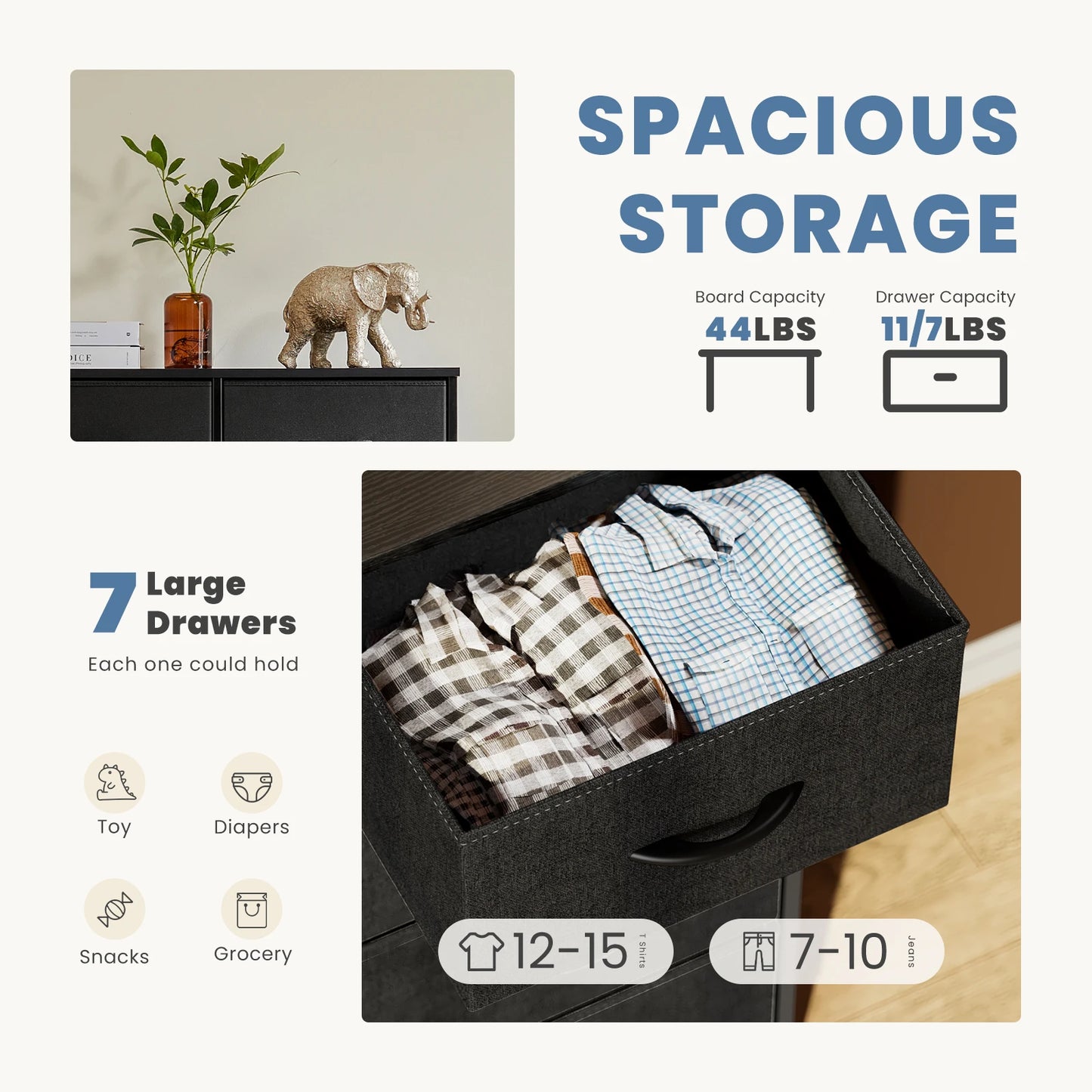Dresser For Bedroom - 7 Drawers With Fabric Over Wood - Organizer