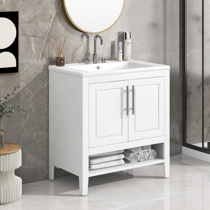30" Bathroom Vanity with Sink - Multi-functional Bathroom Cabinet with Doors and Drawers - Solid Frame and MDF Board, White