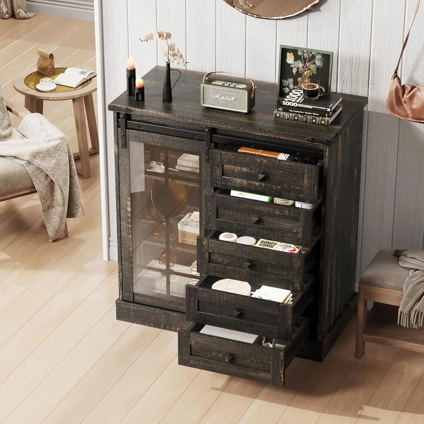 6 Drawer Dresser with Slide Glass Door Farmhouse Tall Chest of Drawers Storage Organizer Living Room, Bedroom Or Office