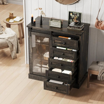 6 Drawer Dresser with Slide Glass Door Farmhouse Tall Chest of Drawers Storage Organizer Living Room, Bedroom Or Office
