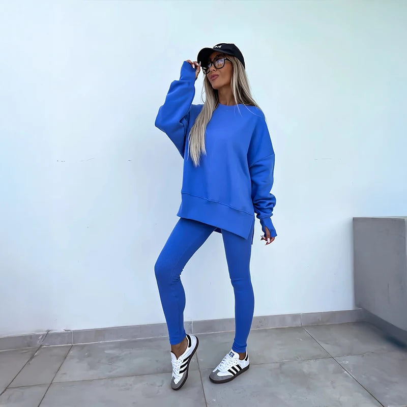 Women's Spring and Autumn Sports Hoodie - Long Sleeve - Solid Color Hoodie - Casual & Two Piece Set
