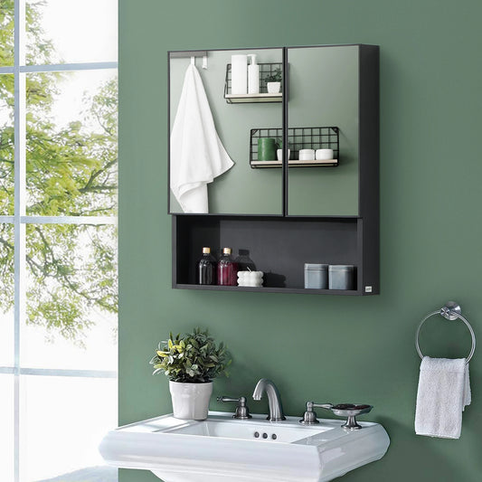 KleanKin Brand Wall-Mounted Bathroom Medicine Cabinet with Mirror & Shelf, Jet Black, 55 Lbs Weight Limit
