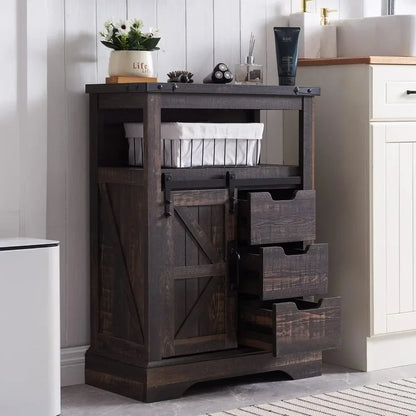 Bathroom Floor Cabinet - Storage Cabinet with Sliding Barn Door & Storage Drawers - Small Storage Cabinet for Office