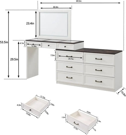 69" W Big Vanity Desk with Glass Top - Makeup Table with 9 Large Storage Drawers - w/3 Color Available Light - White