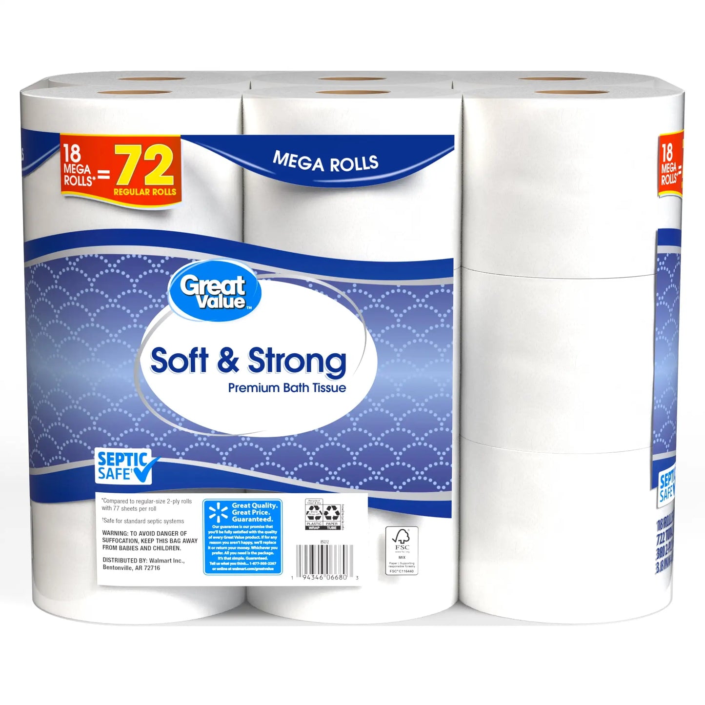 Great Value - Soft & Strong Premium Toilet Paper - 18 Mega Rolls = 72 Regular Rolls