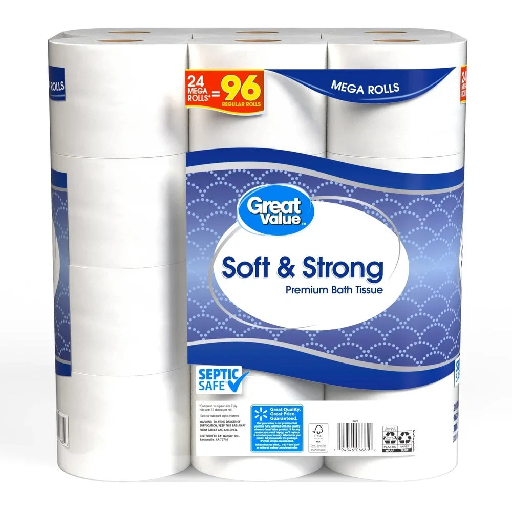 Great Value Premium Soft & Strong Toilet Paper 24 Mega Rolls - 380 Sheets 2 Ply - Safe Septic Systems Gentle and Absorbent