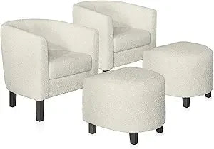 Accent Chair with Ottoman Set of 2 - Curve Back Living Room Chair - Stylish Barrel Club Chair and Footrest Set
