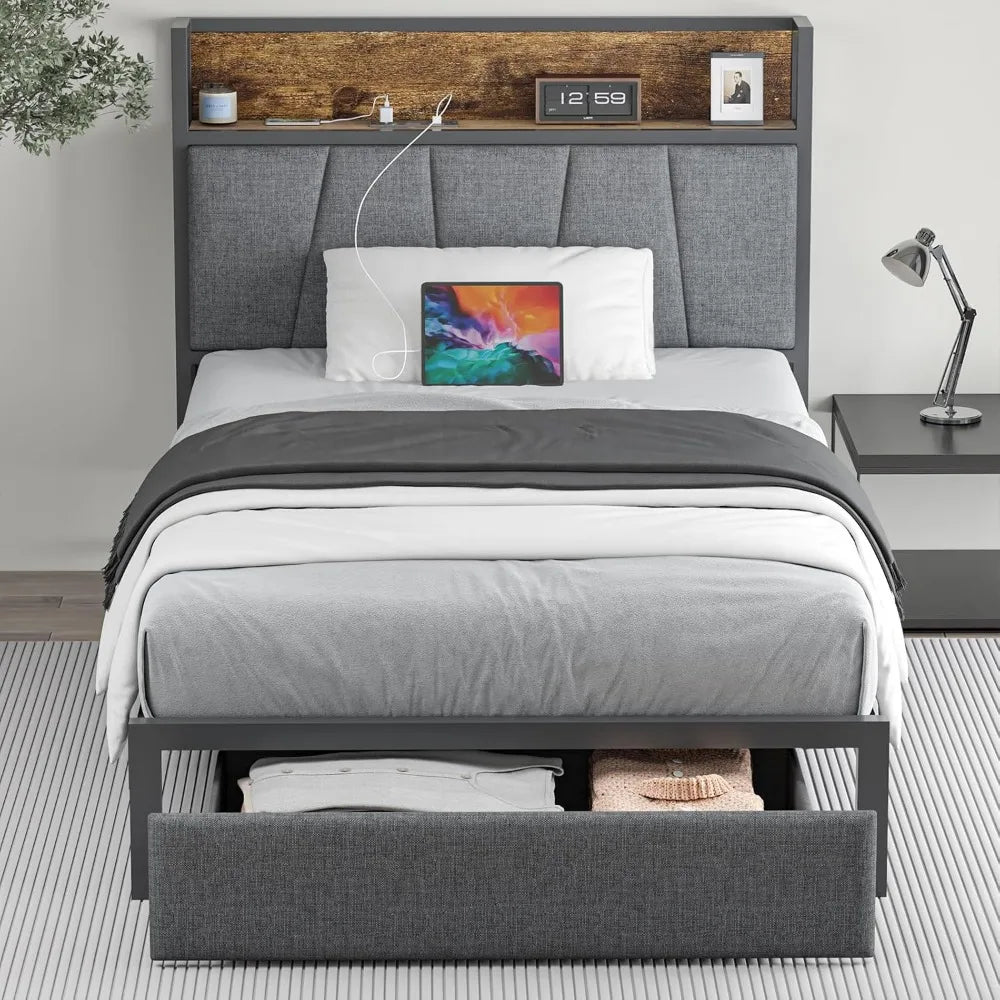 Twin Size Bed Frame with Headboard and Storage - Platform Bed Frame with Drawer Storage - Charging Station & LED Light