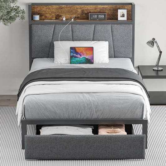 Twin Size Bed Frame with Headboard and Storage - Platform Bed Frame with Drawer Storage - Charging Station & LED Light