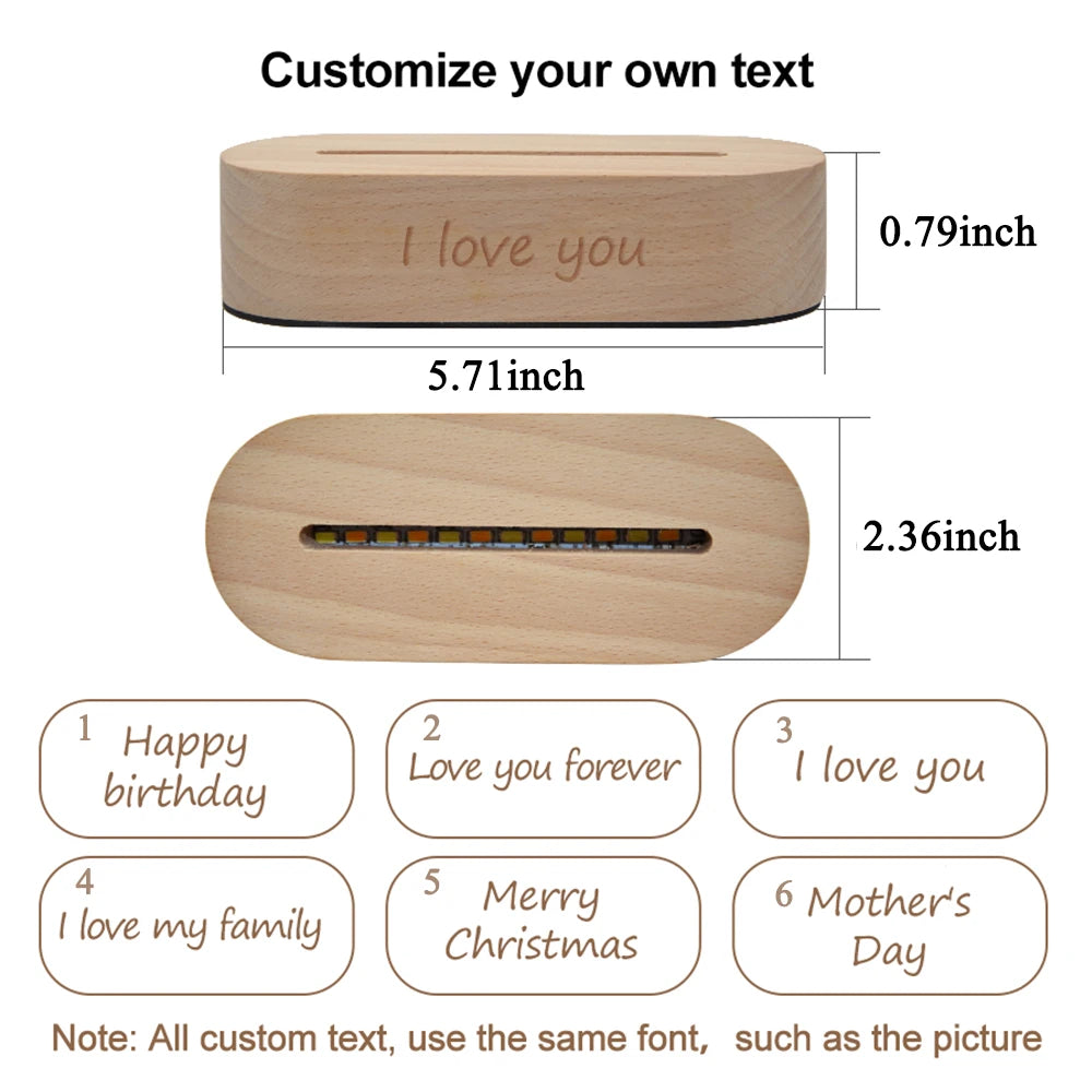 Custom Photo Night Light - Carved Wood Base - Personalized Text