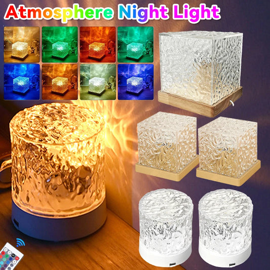 Water Ripple Night Light Touch Control Rotating Water Wave Lamp Projector USB Rechargeable Atmosphere Crystal Lamp Room Decor
