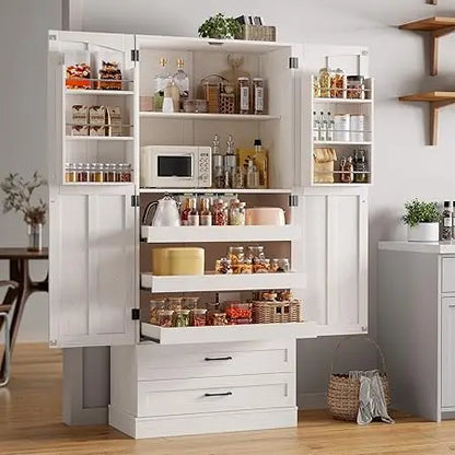 71" Tall Kitchen Pantry Cabinet with 3 Pull Out Shelves & 2 Large Drawers - Pantry Storage Cabinet with 6 Door Shelves