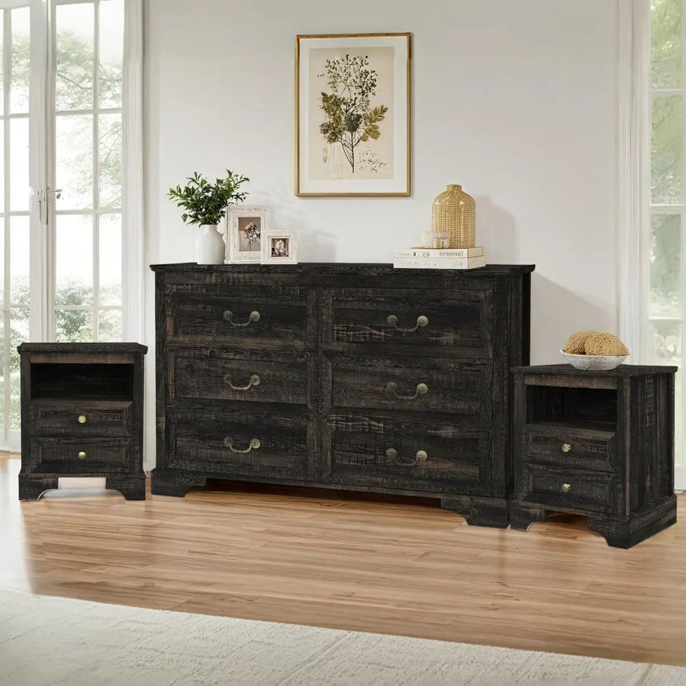 3 Pcs Bedroom Set - Rustic Wood 6 Drawer Dresser and Nightstands