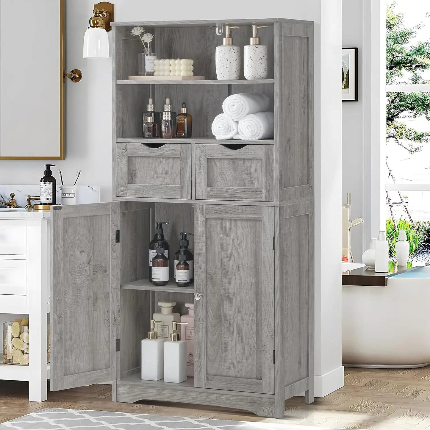 Tall Storage Cabinet With 2 Drawers & Adjustable Shelves - Bathroom Cabinet With Doors, Cupboard, Floor Cabinet For Living Room, Kitchen, Bathroom Or Office