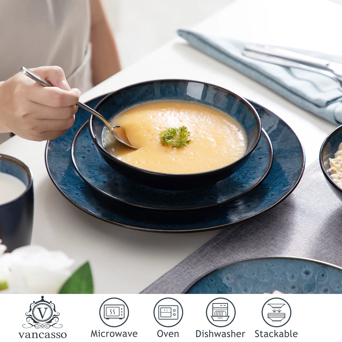 VANCASSO BUBBLE 16/32/48-Piece Tableware Set - Ceramic Blue/Brown Stoneware Set with Dinner. Dessert Plate, Bowl, Coffee Cups
