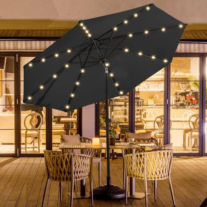 9ft Solar Led Patio Umbrella - Sturdy Outdoor Market Umbrella for Deck, Pool, Garden w/Tilt, Crank, 32 LED Lights, Carbon Grey