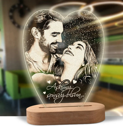 Custom Photo Night Light - Carved Wood Base - Personalized Text
