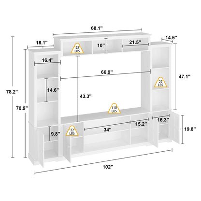 Modern TV Stand for up to 66" TVs - 4-Piece Wall Unit with Bookshelves, Glass Doors & Open Shelves, for Living Room
