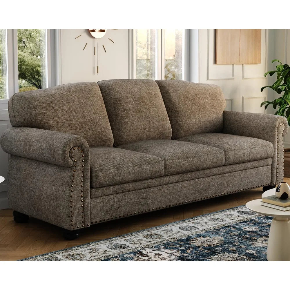 90" Nail Head Decorative Sofa - Comfortable Cushioned 3-seat Velvet Sofa with Wooden Legs - 23" Deep Seat Roller Arm Sofa