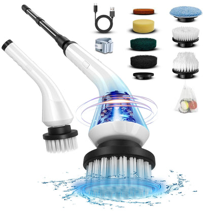 Electric Powerful Spin Scrubber With 8 Replaceable Brush Heads & Detachable Extension Handle - USB Cord