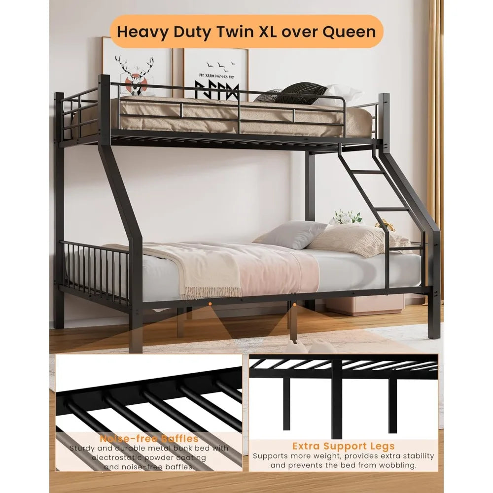 Twin XL Over Queen Bunk Bed - Heavy Duty Bunk Bed with Safety Ladder and Full-Length Guardrails - Metal Queen Bed Frame with Slats