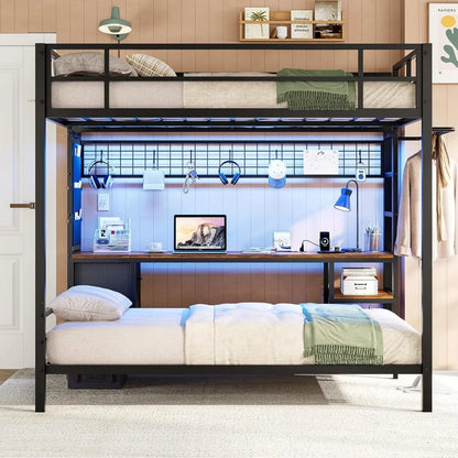Metal Full Size Over Twin Loft Bed with Led Lights, Storage Shelves and Charging Station