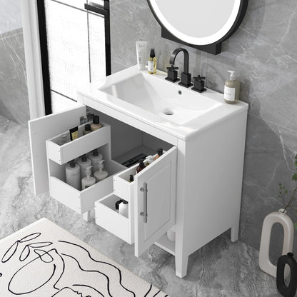 30" Bathroom Vanity with Sink - Multi-functional Bathroom Cabinet with Doors and Drawers - Solid Frame and MDF Board, White