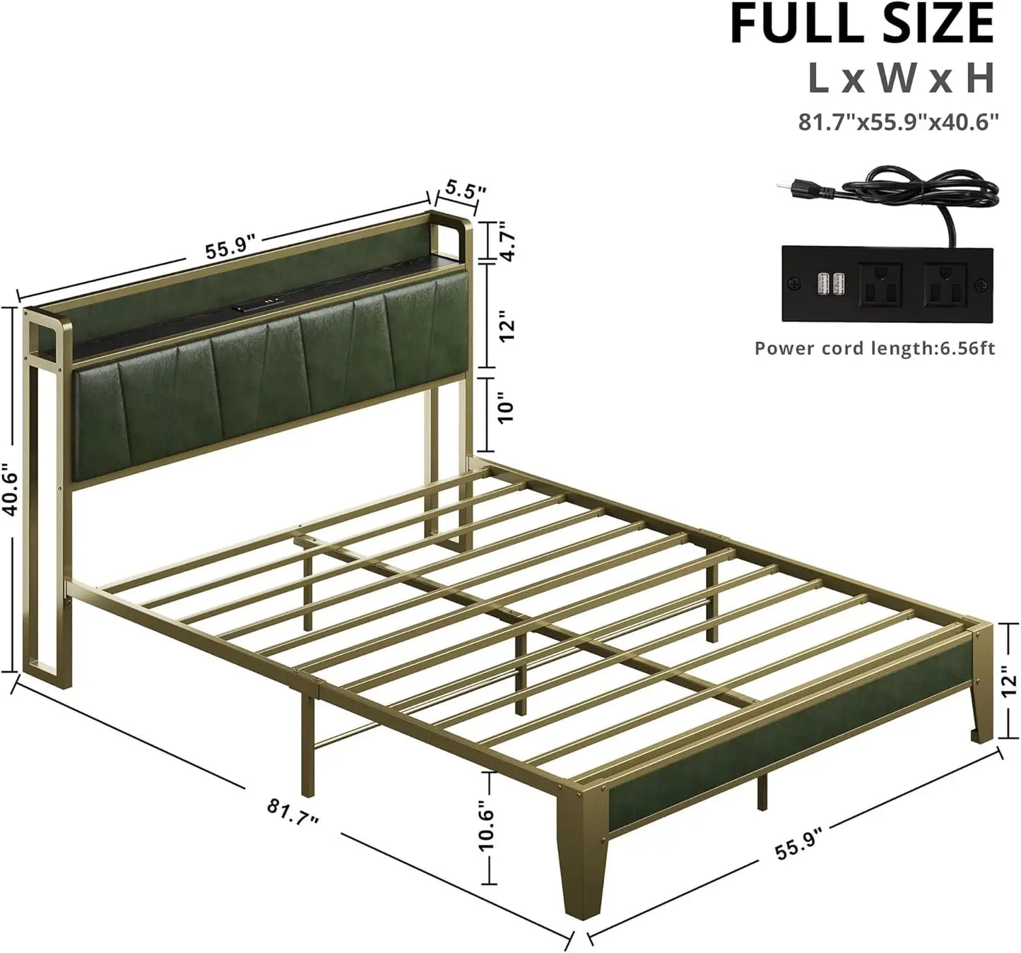 A New Bed Frame - Storage Headboard with Charging Station - No Box Spring Needed - Dark Green