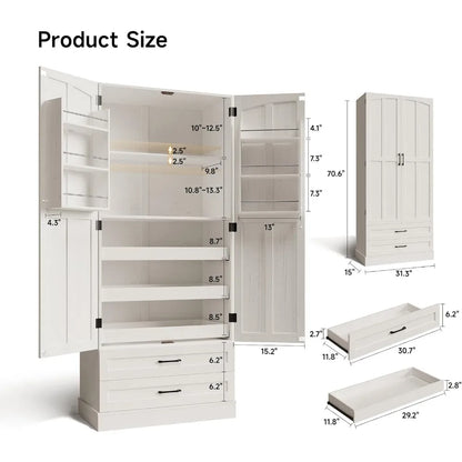 71" Tall Kitchen Pantry Cabinet with 3 Pull Out Shelves & 2 Large Drawers - Pantry Storage Cabinet with 6 Door Shelves