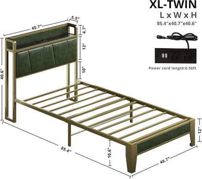 A New Bed Frame - Storage Headboard with Charging Station - No Box Spring Needed - Dark Green