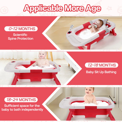 Portable Baby Bath with Soft Cushion & Thermometer, Newborn to Toddler 0-36 Months,