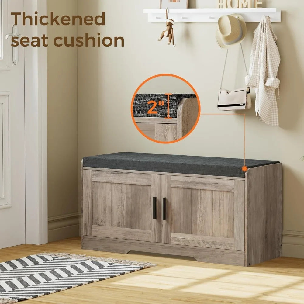 2-Tier Storage Shoe Bench with Thickened Padded Seat Cushion - Entryway Bench with 2 Doors - Adjustable Shelf