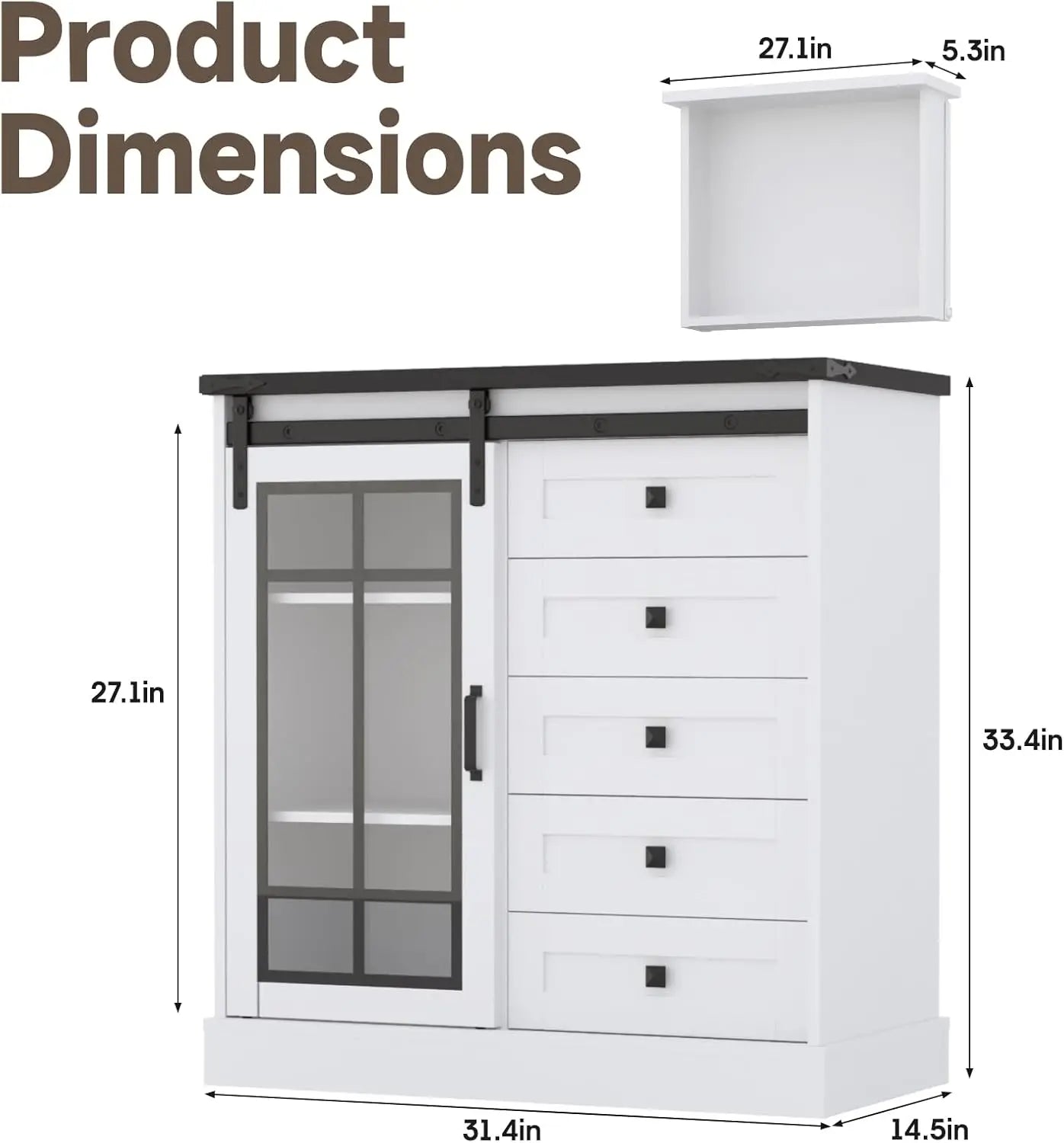 6 Drawer Dresser with Slide Glass Door Farmhouse Tall Chest of Drawers Storage Organizer Living Room, Bedroom Or Office