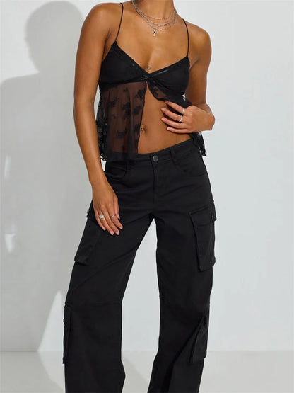 Ladies Sleeveless V Neck Cami - Floral Embroidery, Mesh Camisole, Lace Trim, Tank Tops for Summer